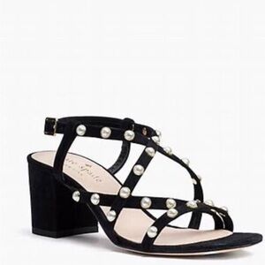 Kate Spade Wynne black suede pearl embellished block heel sandals sz 7